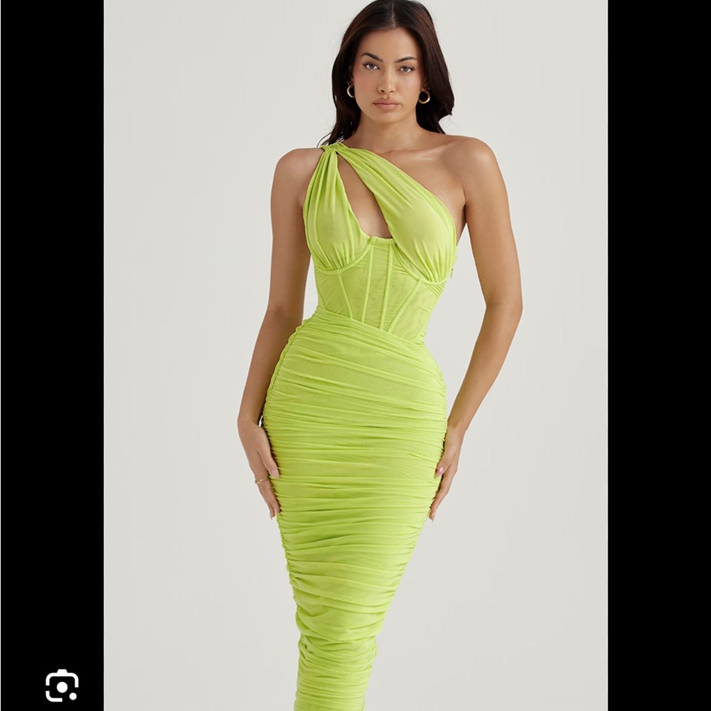 House of CB Valentina Asymmetric Cutout One-Shoulder Midi Dress Lime